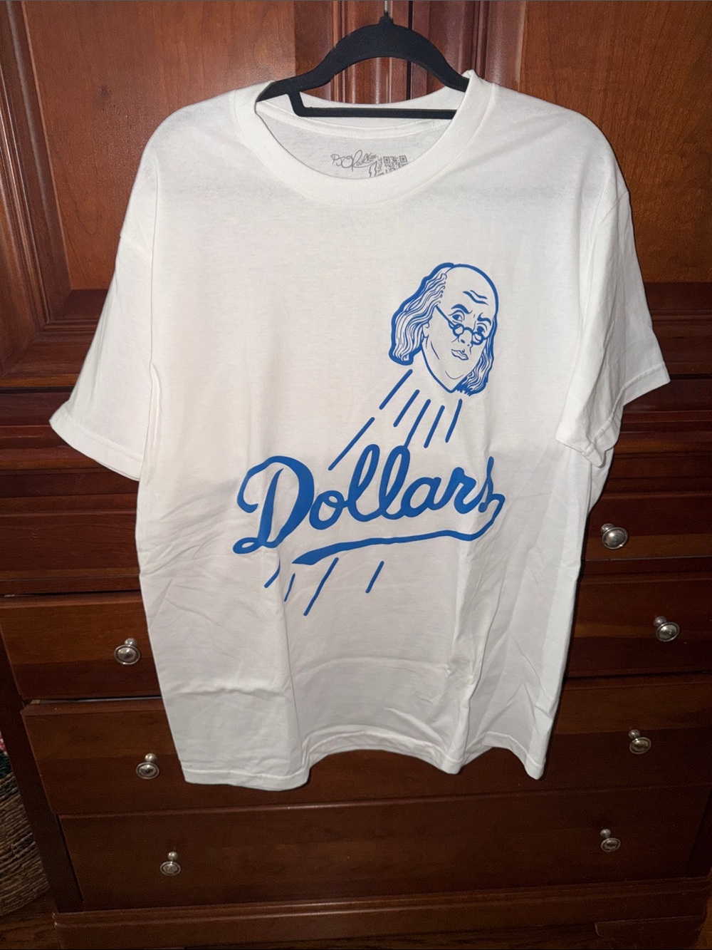 White 'Dollars' Graphic Tee with Blue Print Never Worn